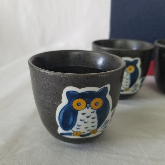 Chinese tea set with teapot and 4 cups owl and flower painting/pottery. - Picture 3 of 15